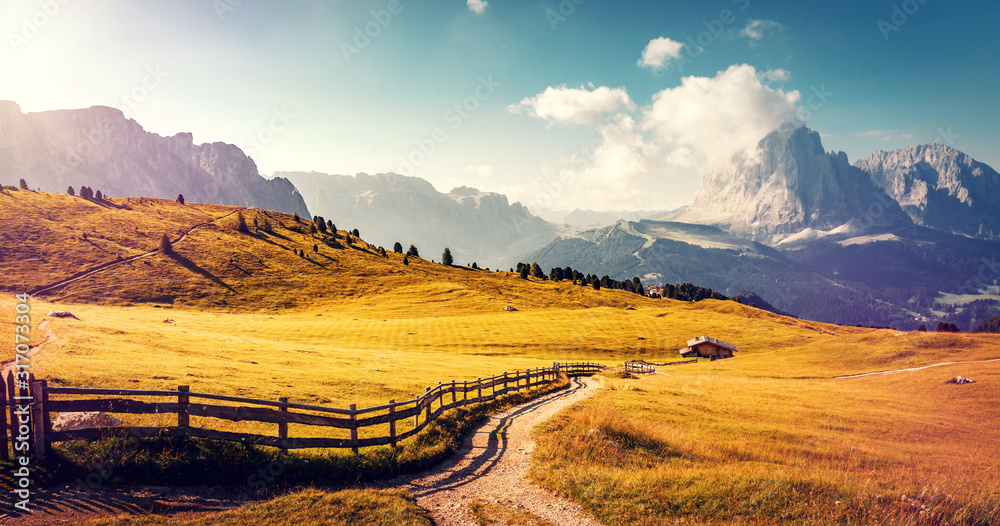 Wonderful Alpine valley in Dolomite Alps. Beautiful view of idyllic alpine mountain scenery with blooming meadows and majestic mountain peaks on a beautiful sunny. Val Gardena. Dolomimes mountains - obrazy, fototapety, plakaty 
