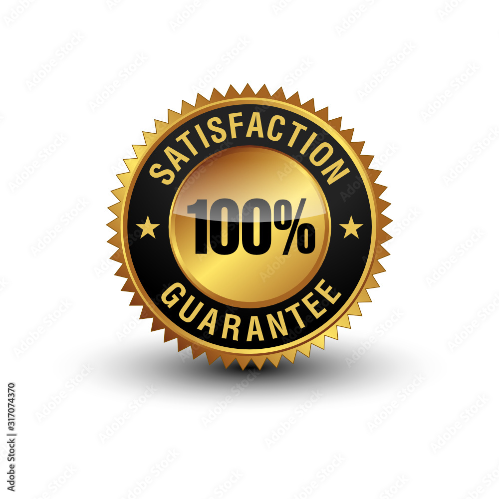 Very powerful golden color 100% satisfaction guaranteed badge. Isolated on white background. Very powerful golden color 100% satisfaction guaranteed badge. Isolated on white background.