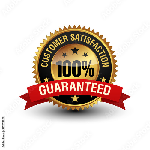 Very powerful golden color 100% customer satisfaction guaranteed badge with red ribbon on top. Isolated on white background.