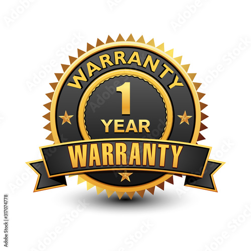 Secured 1 year warranty golden badge. Isolated on white background.