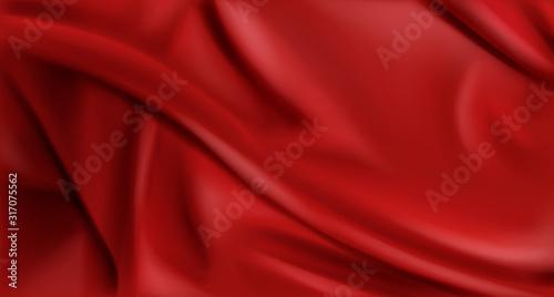 Red silk folded fabric background, luxurious textile decoration backdrop for poster, banner or cover design. Scarlet drapery material with soft satin waves, poster, 3d vector realistic illustration