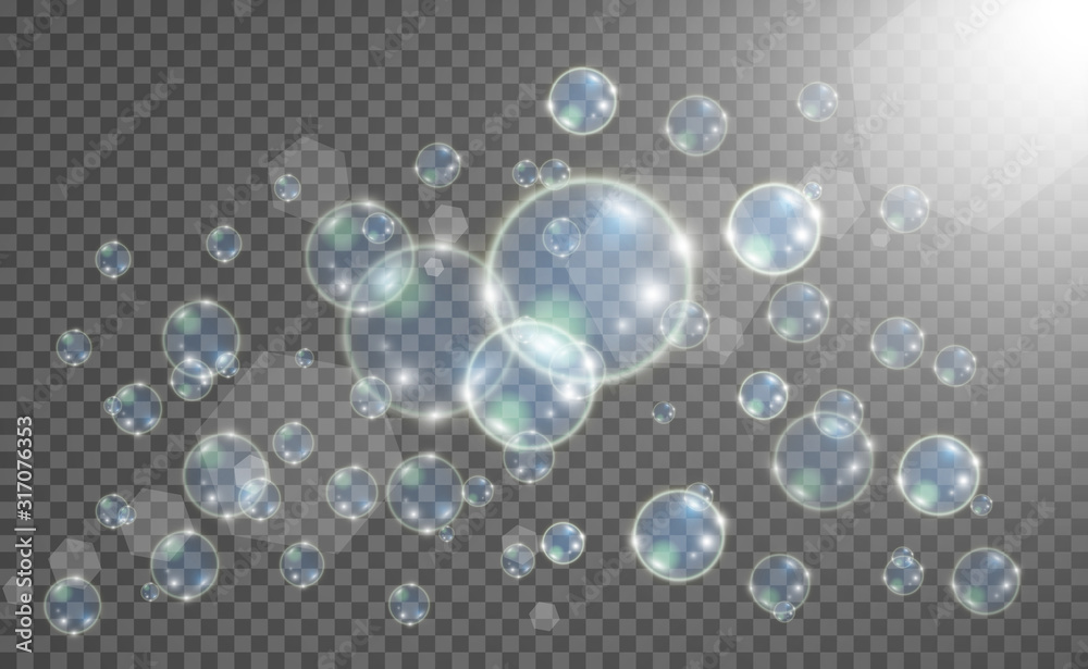 White beautiful bubbles on a transparent background vector illustration. Soap bubbles.