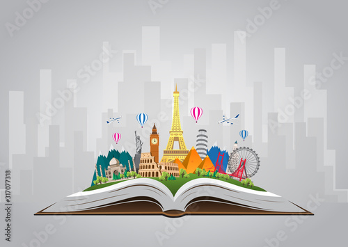 Travel to World. Road trip. Big set of famous landmarks of the world on the book. Time to travel, tourism, summer holiday. Different types of journey. Flat design vector illustration