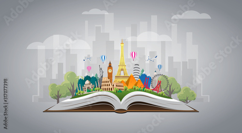 Travel to World. Road trip. Big set of famous landmarks of the world on the book. Time to travel, tourism, summer holiday. Different types of journey. Flat design vector illustration