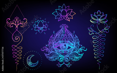 Sacred Geometry and Boo symbol set. Ayurveda sign of harmony and balance. Tattoo design, yoga logo. poster, t-shirt textile. Colorful rainbow gradient over black.