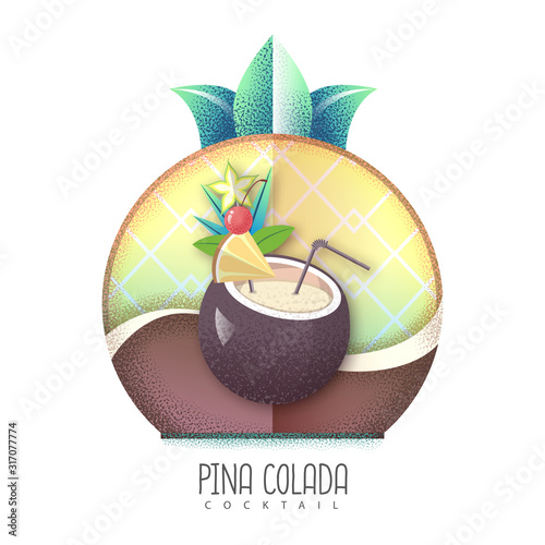 Vector illustration of pina colada cocktail icon. Grainy texture design