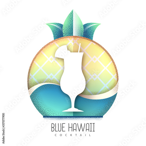 Vector illustration of blue hawaii or pina colada cocktail icon. Grainy texture design