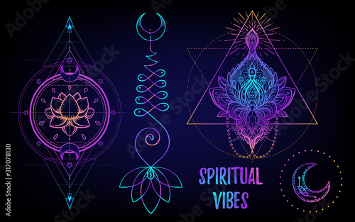 Sacred Geometry and Boo symbol set. Ayurveda sign of harmony and balance. Tattoo design, yoga logo. poster, t-shirt textile. Colorful rainbow gradient over black.
