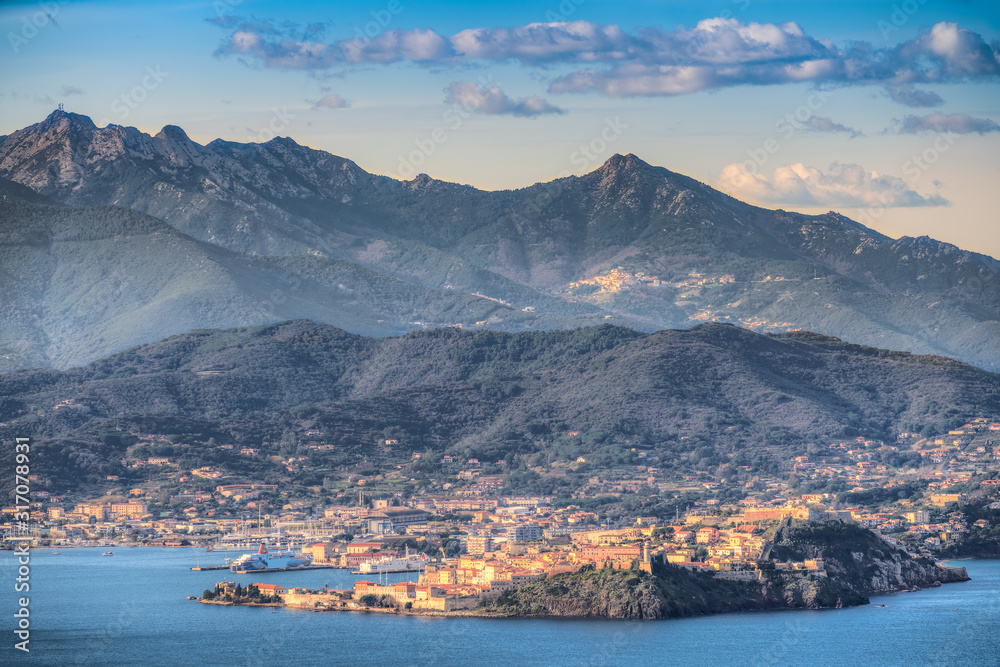 View of Portoferraio and Mount capanne village in  Island of elba, Tuscany, Italy