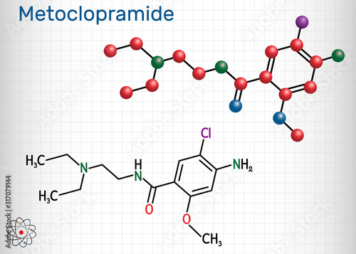 Metoclopramide, dopamine antagonist molecule. It is used to treat  nausea, vomiting,  to help with gastroesophageal reflux disease. Structural chemical formula and molecule model. Sheet of paper in a 