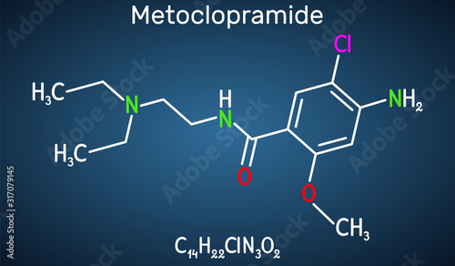 Metoclopramide, dopamine antagonist molecule. It is used to treat  nausea and vomiting,  to help with gastroesophageal reflux disease. Structural chemical formula on the dark blue background