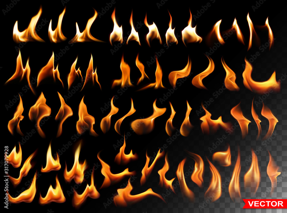 Realistic burning fire flames. Small and big bright elements isolated on black background. Power, fuel and energy symbols. Big vector set.
