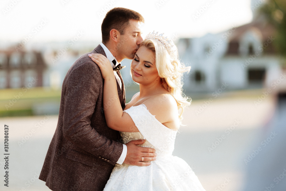 The bride and groom walk together in the park. Charming bride in a white dress, the groom is dressed in a dark elegant suit The bride and groom walk together in the park. Charming bride in a white dress, the groom is dressed in a dark elegant suit