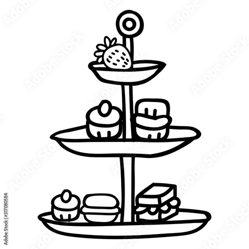 Cute afternoon tea cake stand clipart. Hand drawn breakfast treat pastry. Cupcake domestic crockery lineart in flat color. Monochrome isolated cream tea, cafe, sandwich. Vector EPS10. 