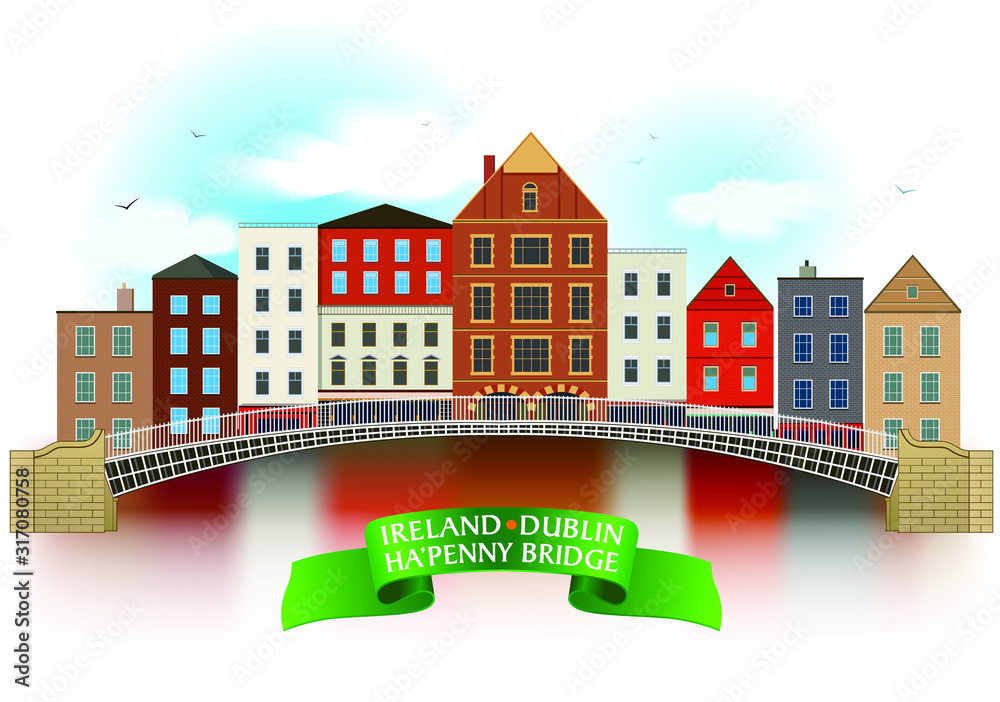 Ha'Penny bridge hand drawn artwork. Dublin architecture style on the white background.