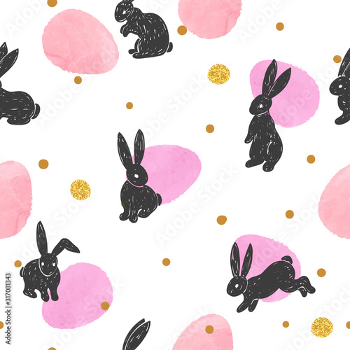 Seamless Easter pattern with cute bunny silhouettes and watercolor eggs.