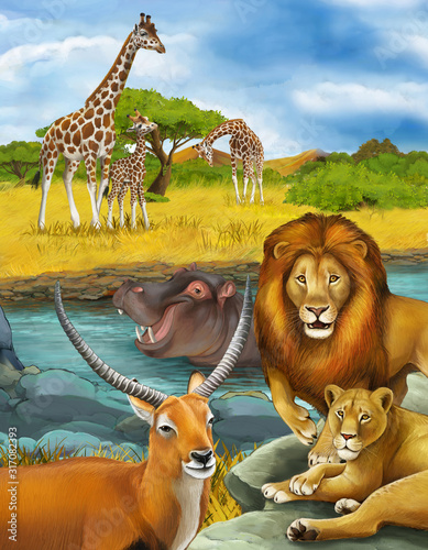 cartoon scene with antelope hippopotamus hippo in river and lion illustration