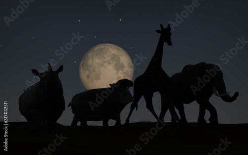 Photography Silhouette of group of african animals under moonlight 3d rendering