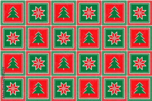 Christmas Pixel Pattern with Christmas Trees and Stars Ornament. Ugly Sweater Party Pattern Design. Scheme for Patchwork Quilt or Knitted Sweater Pattern Design.