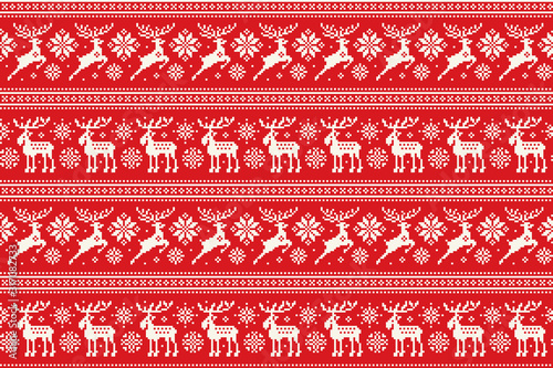 Christmas Pixel Pattern with Deer and Elk. Traditional Nordic Seamless Striped Ornament. Scheme for Knitted Sweater Pattern Design or Cross Stitch Embroidery