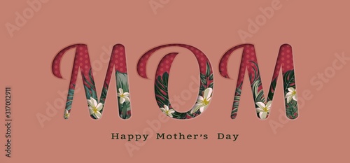 Happy Mothers day greeting card with typographic design and floral elements. Vector illustration. Paper cut style with blooming flowers, leaves and abstract shapes on background. Happy mother`s day.