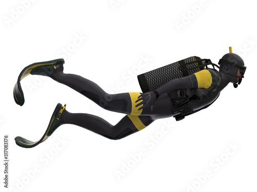 Right side view of isolated scuba diver white background ready cutout 3d rendering photo