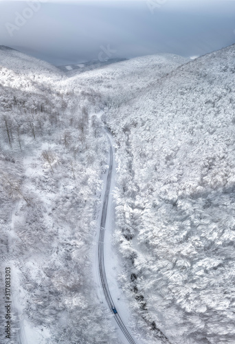 Snowy day in a white forest. In the image we can see a road in the middle of the white forest and a car parked next to it.  © Imanol