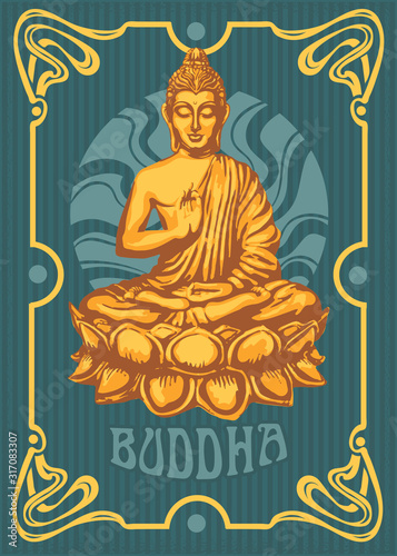 Buddha sits in the Lotus and blesses against the backdrop of the leaves of the sacred Buddhist Bodhidharma tree. Vector retro poster in vintage style