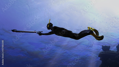 Diver pointing his speargun to the target fish under deep sea 3d rendering