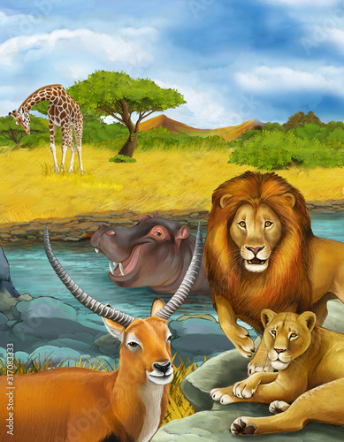 cartoon scene with antelope hippopotamus hippo in river and lion illustration