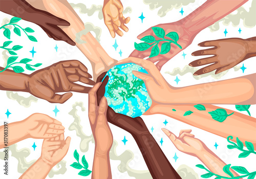 Poster save the earth. Ecological salvation of the planet. Different hands hold the Earth. Vector illustration