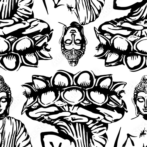 Buddha is sitting in the Lotus and blessing. Vector seamless monochrome black and white pattern in vintage style