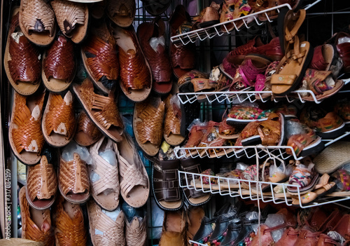 Huarache shoes, traditional Mexican leather shoes, and sandals as sold on the street in Mexico  photo