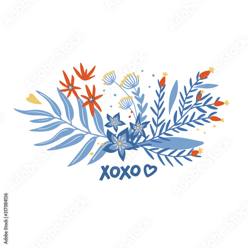 Happy Valentine's Day flower composition. Romantic hand drawn vector with floral elements is great for invitations, greeting cards, print, flyers.