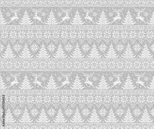 Winter Holiday Pixel Pattern with Deer and Christmas Trees. Traditional Nordic Seamless Striped Ornament. Scheme for Knitted Sweater Pattern Design or Cross Stitch Embroidery