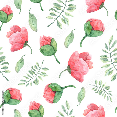 Seamless pattern with watercolor peonies  twigs  leaves and buds is perfect for printing  textile  fabrics  wrapping and scrapbook paper  wallpaper and any design.