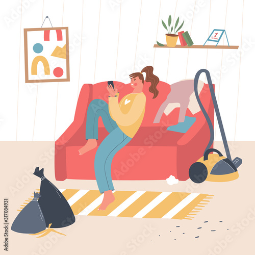 Woman procrastinating at home. Housewife surfing the Internet and wasting time concept instead of cleaning a dirty room. Vector isolated illustration with girl resting before cleanup and sweeping.