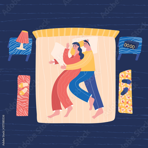 Cute vector characters sleeping together at night. Man and woman lying in bed. Stages of sleep, insomnia, sleeping position concept. Flat top view illustration.