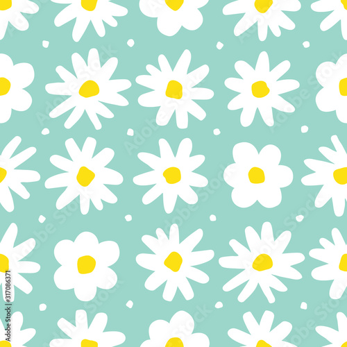 Large White Retro Graphic Daisies Blooms on Mint Background Vector Seamless Pattern