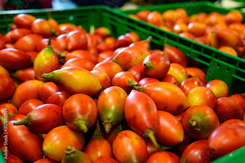 Tamarillo  egg-shaped edible fruit  also called tree tomato  tomate de arbol  tomate andino  tomate serrano  tomate de yuca