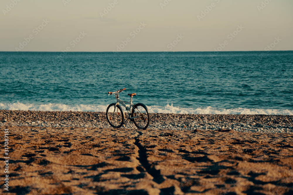 Fototapeta premium old bicycle on the shore of the sea