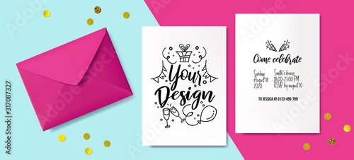 Pink template for invitation cards with golden decor vector illustration. Realistic envelope for inviting someone to party flat style. Come celebrate with us. Blank paper for design and place for text