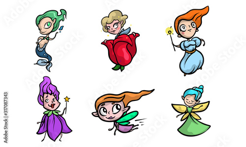 Little fairy girls and enchantresses with wings vector illustration