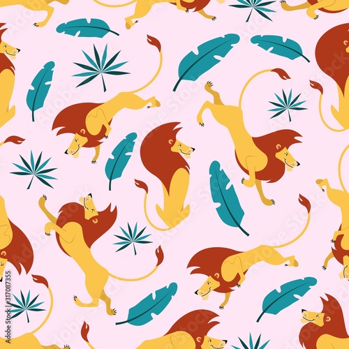 Cute lions and tropical leaves seamless pattern vector illustration. Lews with green tropic plants flat style endless texture for wrapping paper  wallpaper. Isolated on pink background