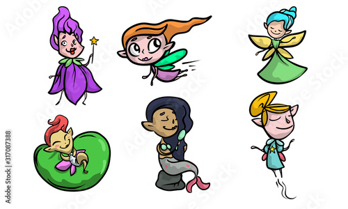 Little fairy girls, enchantresses with wings, mermaids vector illustration