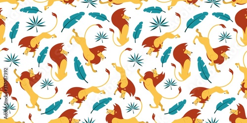 Tropical leaves and wild lions seamless pattern vector illustration. Summer endless texture with cute wild lew and tropic plants flat style for wrapping paper, wallpaper. Isolated on white