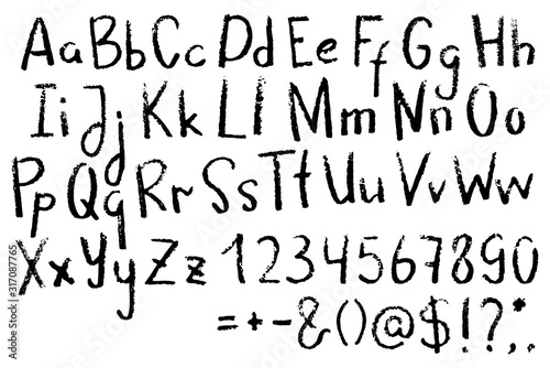 English letters and numbers. Handwritten grunge alphabet with punctuation signs on white background.