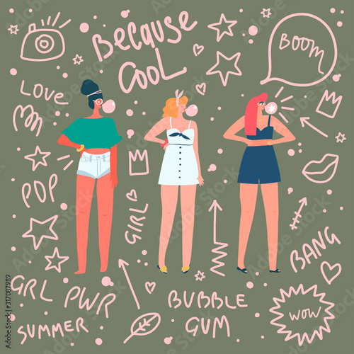 Women in summer clothes with bubble gums on background with elements