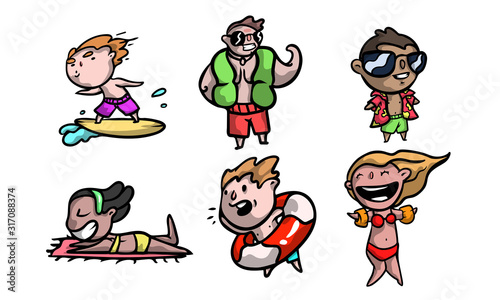 Happy children in swimwear enjoying active summer lifestyle vector illustration