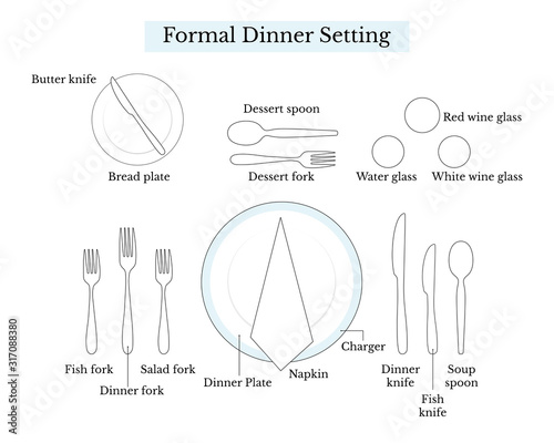 Table layout for a formal dinner setting, vector illustration